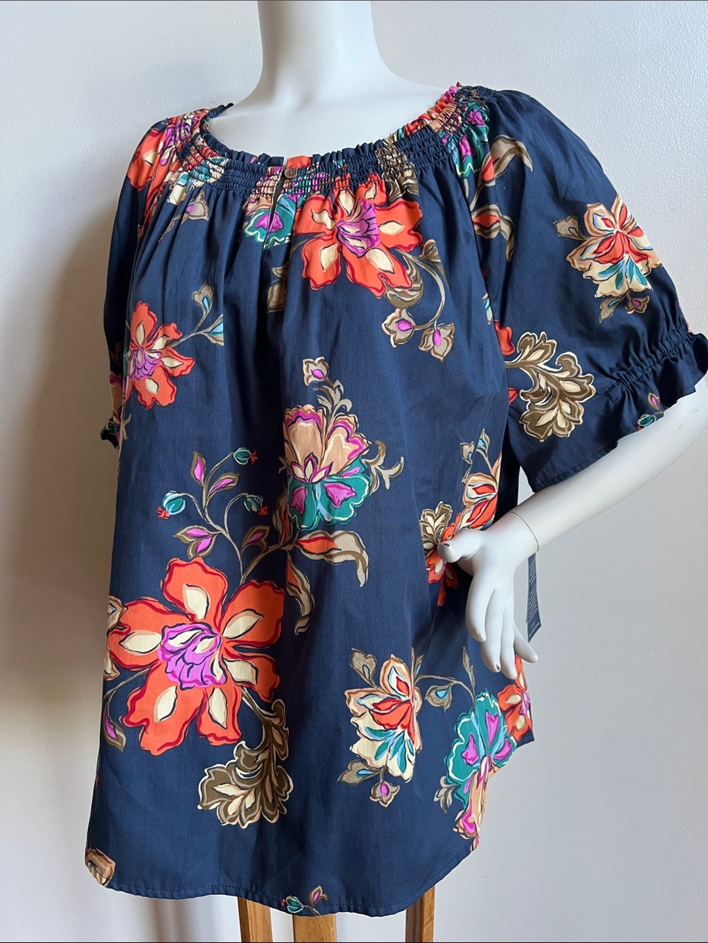 Democracy Floral Peasant Blouse in navy and botanical whimsy